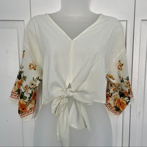 Flower Tie Crop Top Bell Sleeves Spring Trendy